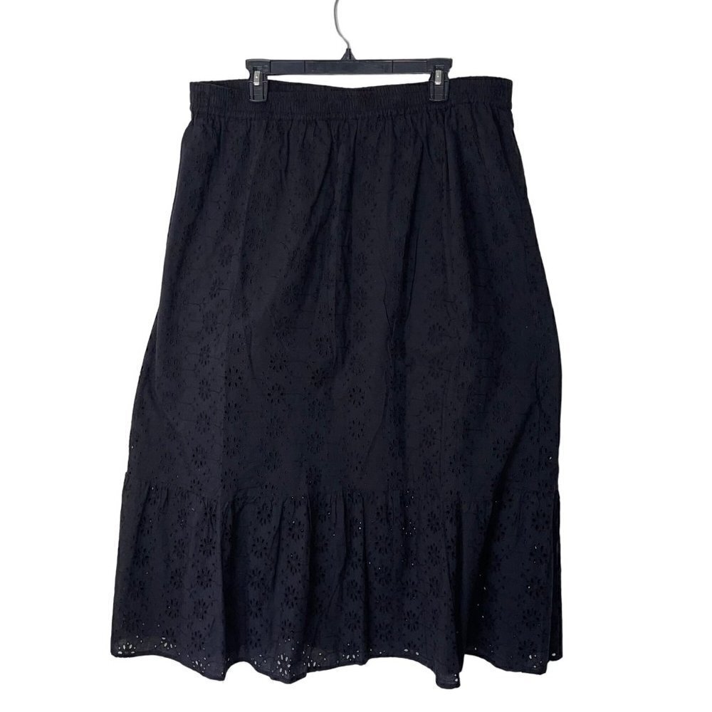 MYA Womens Midi Skirt Size Large Black Tiered Cotton Eyelet Embroidered Floral